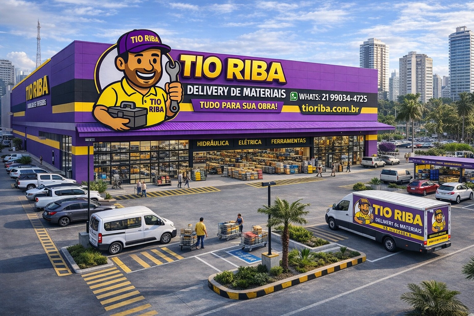 Frota de vans do Tio Riba Delivery pronta para entregas rápidas de materiais para obra